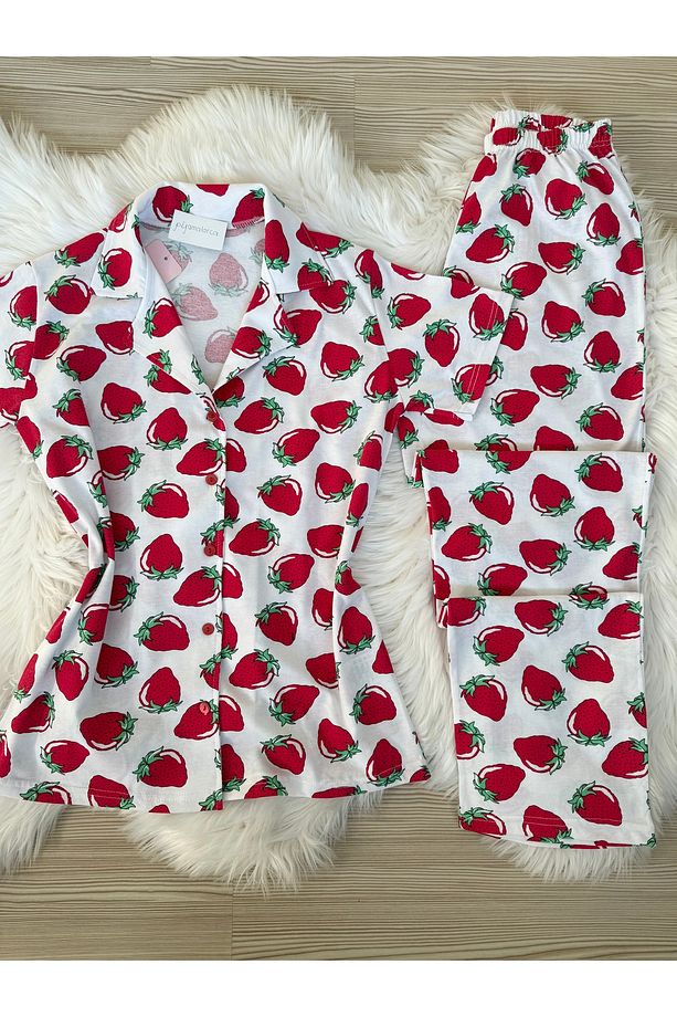 Ekru Çilek  Desenli Pamuklu Kısa Kol Gömlek Yaka Pijama Takımı - 8