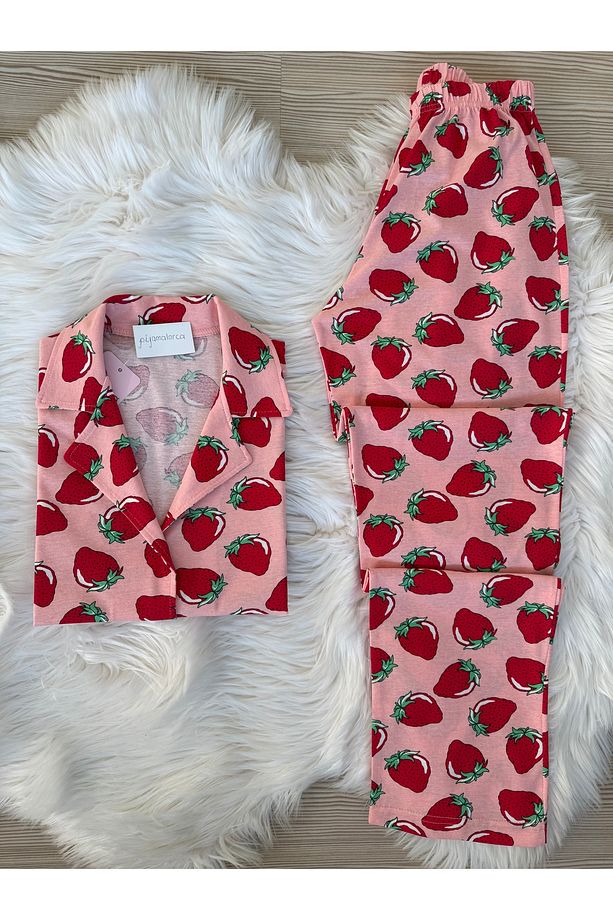 Pembe Çilek  Desenli Pamuklu Kısa Kol Gömlek Yaka Pijama Takımı - 1