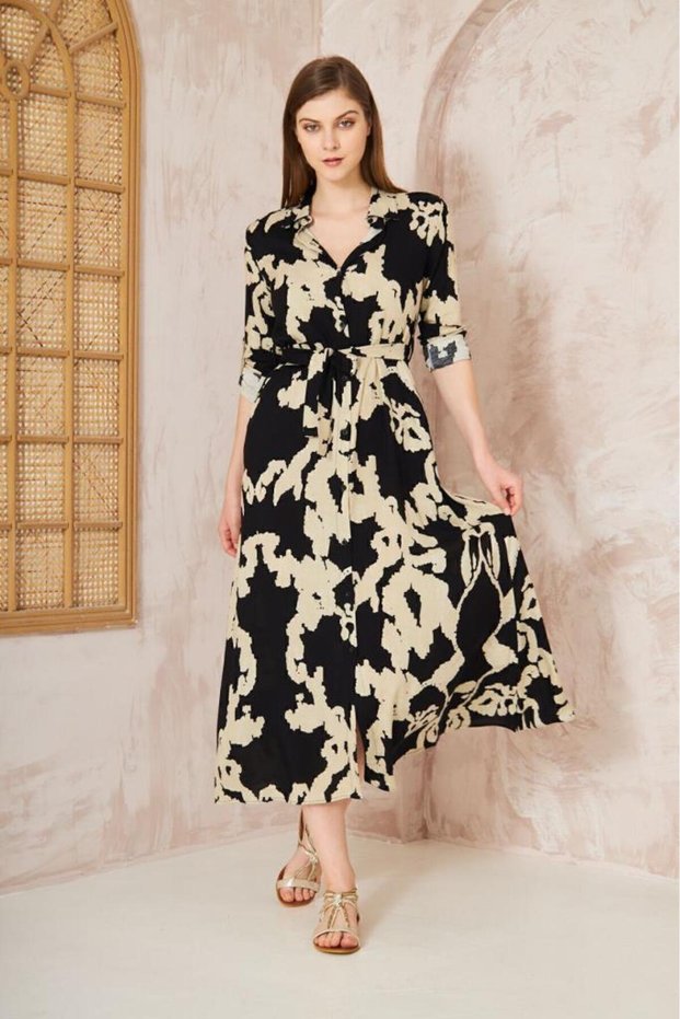 Women's Slim Fit Long Sleeve Waist Fitted 100% Viscose Belted Summer Dress 700-3413550