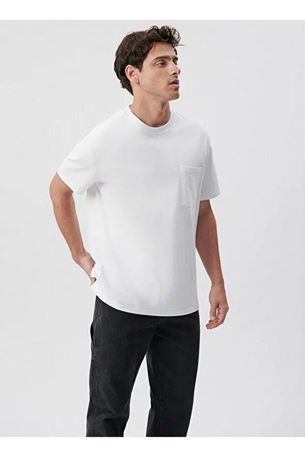 tek cepli basic beyaz erkek t-shirt - 1