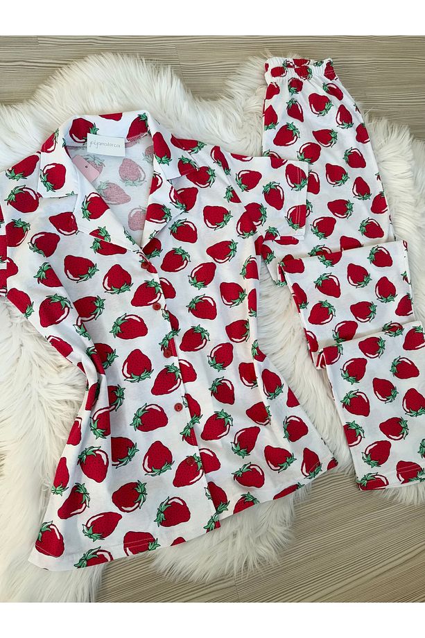 Ekru Çilek  Desenli Pamuklu Kısa Kol Gömlek Yaka Pijama Takımı - 6