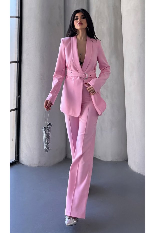 Women's Belted Jacket and Trousers Set Candy Pink