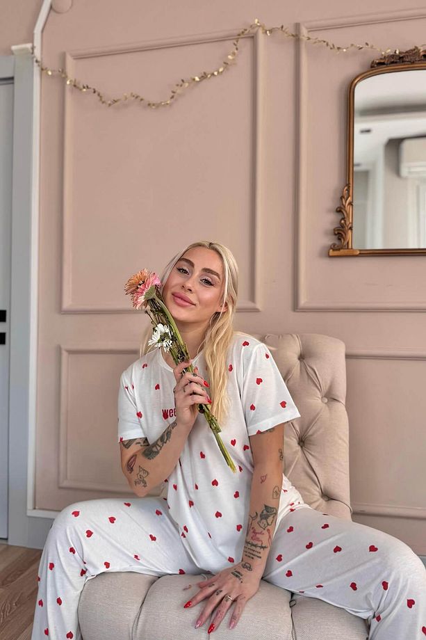Kırmızı Kalp Desenli Örme Kısa Kol Kadın Pijama Takımı - 4