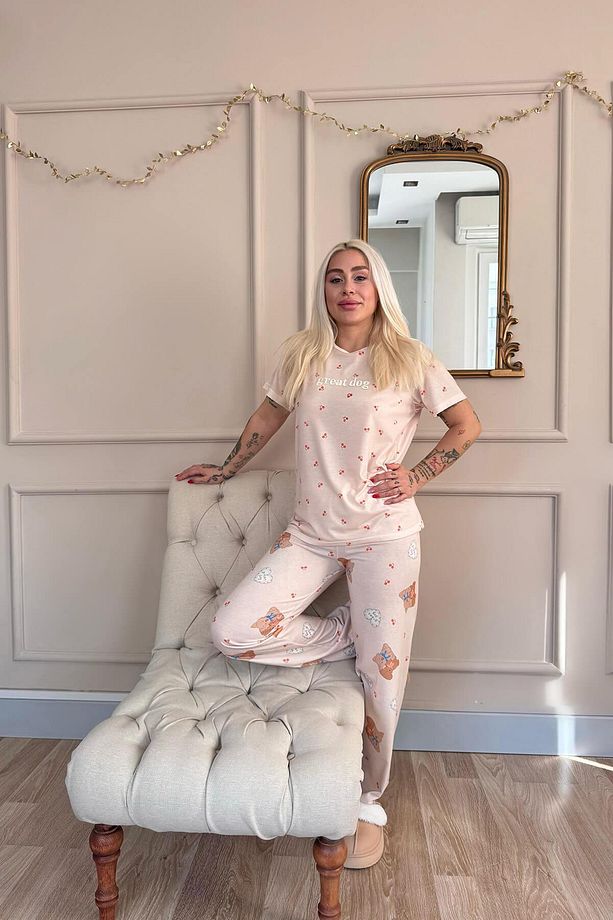 Açık Pudra Great Desenli Örme Kısa Kol Kadın Pijama Takımı - 8