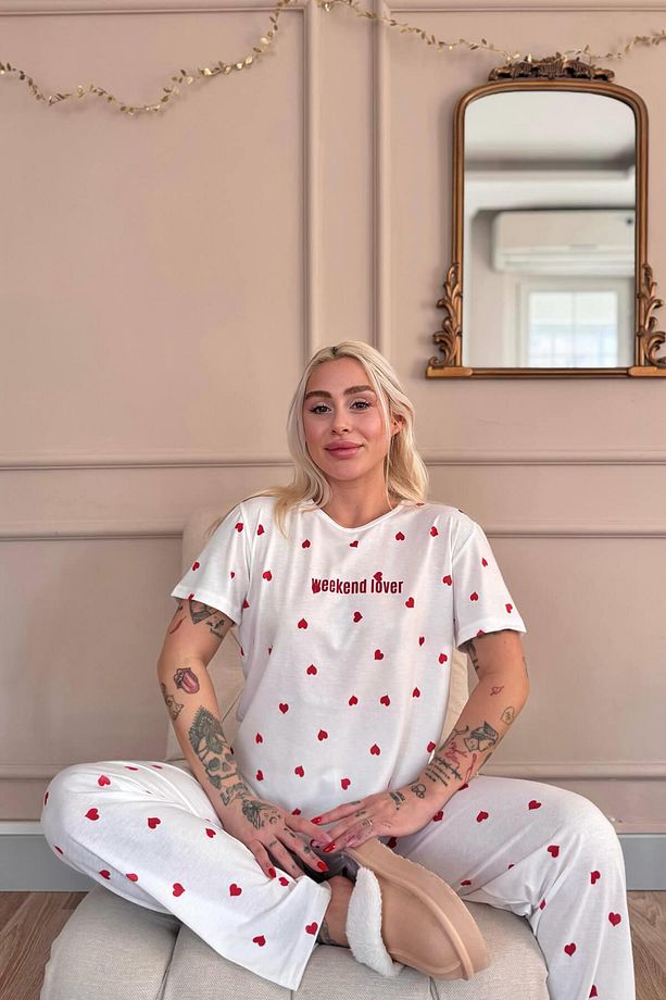 Kırmızı Kalp Desenli Örme Kısa Kol Kadın Pijama Takımı - 3