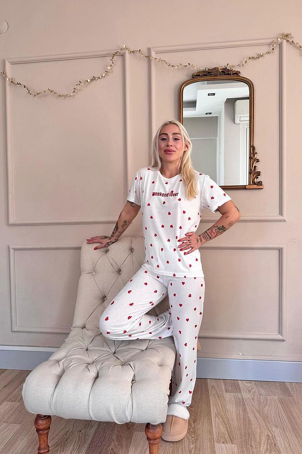 Kırmızı Kalp Desenli Örme Kısa Kol Kadın Pijama Takımı - 7