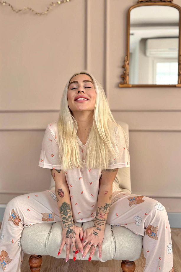 Açık Pudra Great Desenli Örme Kısa Kol Kadın Pijama Takımı - 5