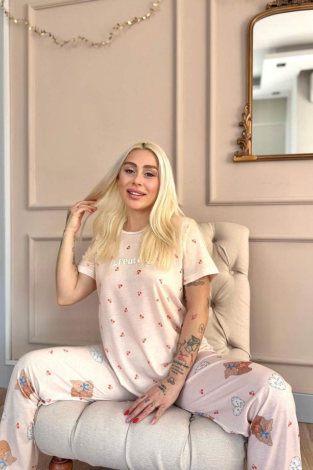 Açık Pudra Great Desenli Örme Kısa Kol Kadın Pijama Takımı - 3