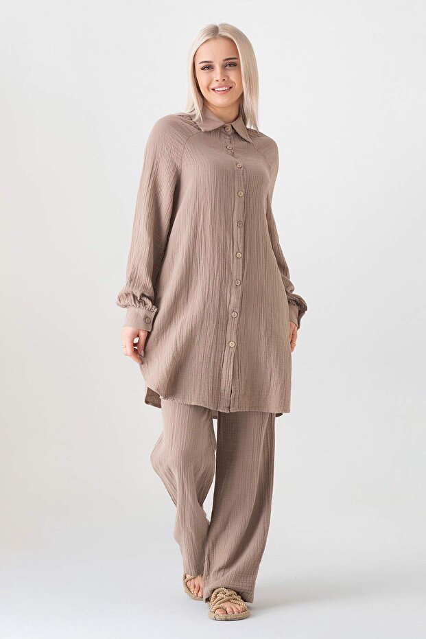 Muslin Fabric 100% Cotton Raglan Sleeve Shirt - Mink