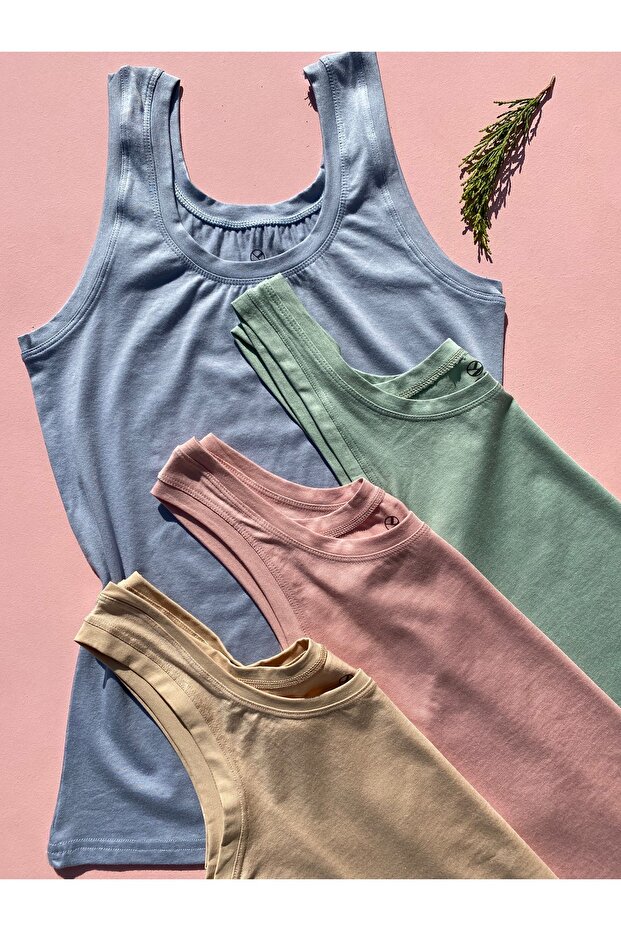Women's Modal Fabric Thick Strap Extra Ribbed Boxed 4-Piece Blue, Green, Powder, Skin Color Sports Undershirt