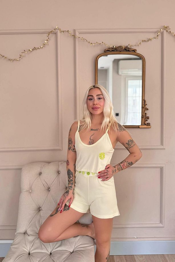 Sarı Citron Fresh Desenli Örme Ip Askı Şortlu Kadın Pijama Takımı - 4