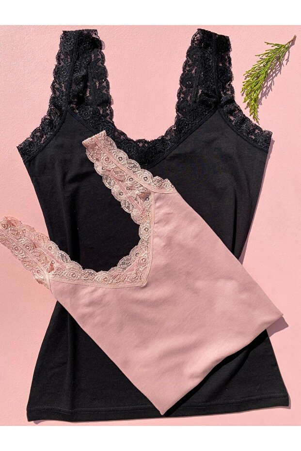 Cotton Modal Fabric Lace Strap V-Neck Box Packaged 2-Piece Black and Powder Women's Undershirt