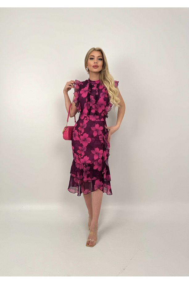 Pembe Şifon Çiçek Desenli Fırfırlı Midi Elbise - 5