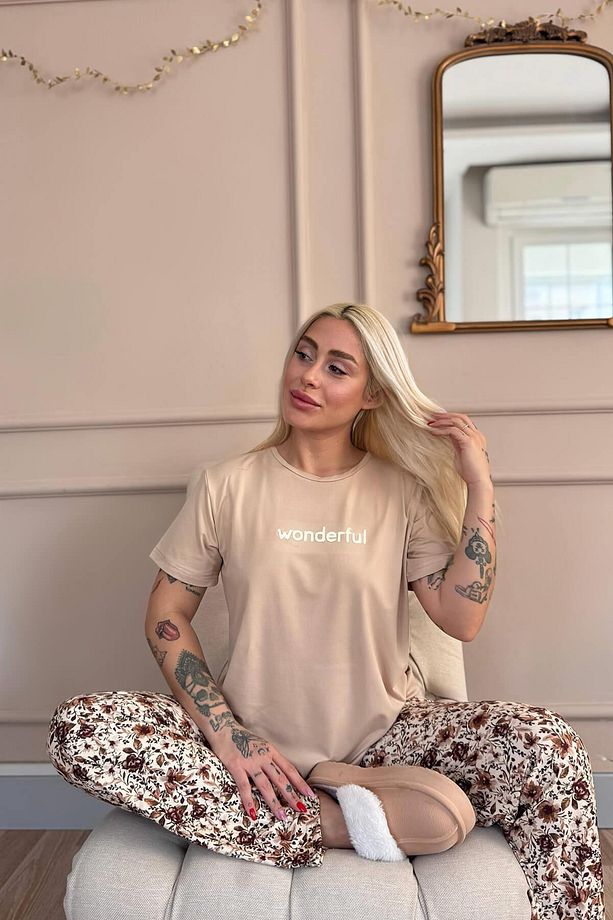 Bej Wonderful Desenli Kısa Kollu Örme Kadın Pijama Takımı - 5