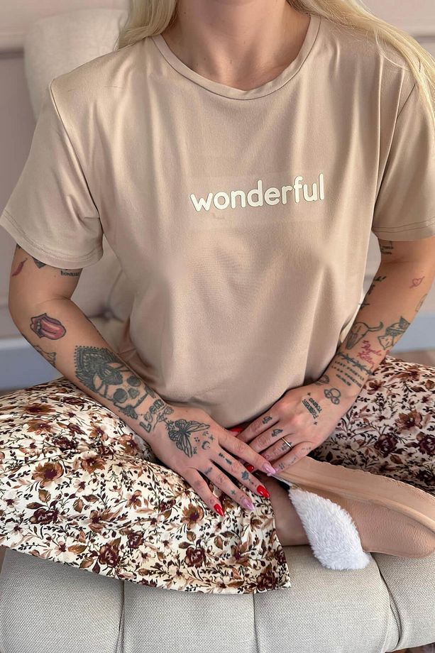 Bej Wonderful Desenli Kısa Kollu Örme Kadın Pijama Takımı - 6
