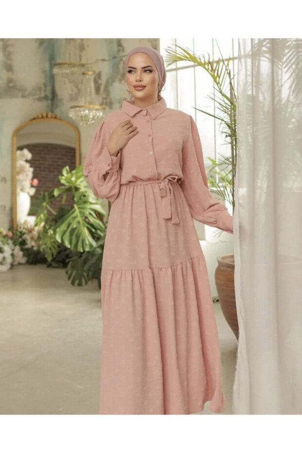 Women's Powder Self Textured Belted, Long Balloon Sleeves Casual Long Aerobin Dress 3550350