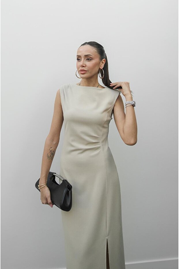 Rochie bej Nick Slit căptușită - 6