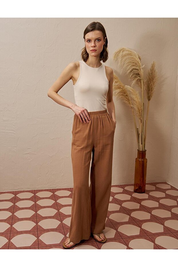 Elastic Waist Muslin Trousers Tobacco