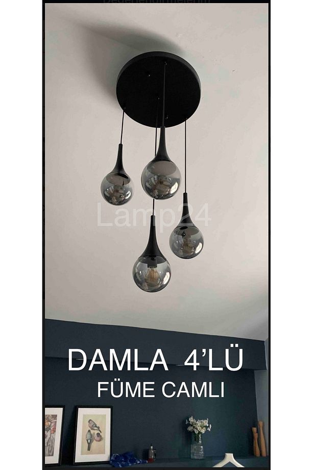Damla 4lü Siyah Sarkıt Avize- Füme Camlı - 1