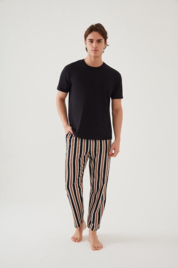 Men's Short Sleeve Cotton Pocket Striped Print Pajamas Set