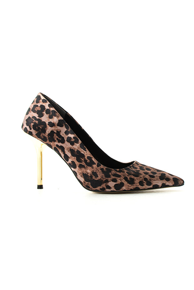 Leopard Patterned Satin Gold Thin Heeled Stiletto – Stylish and Elegant Design - 5