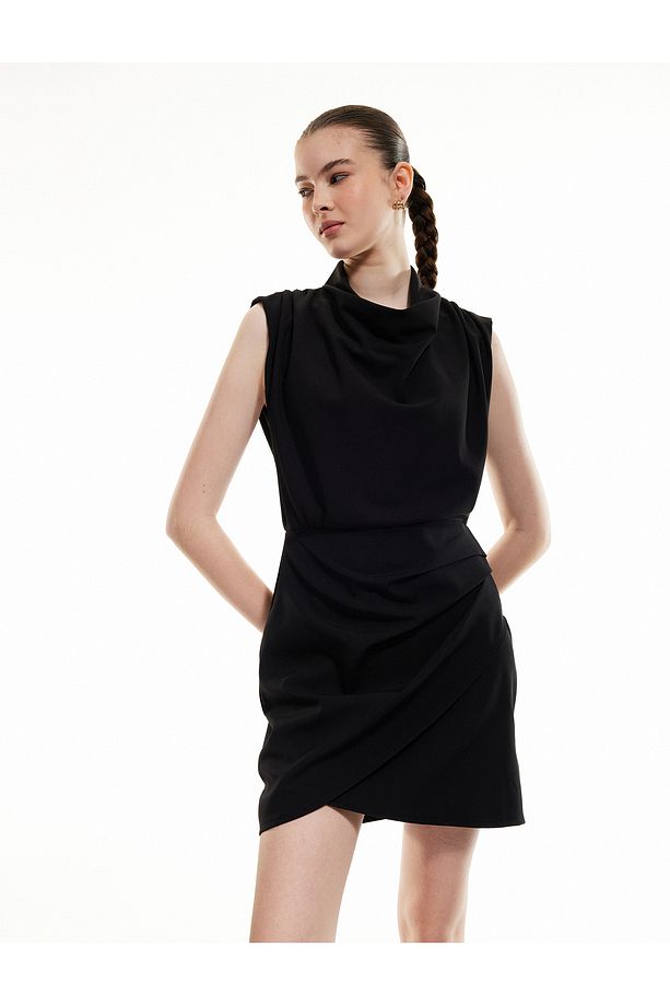 Drape Detaylı Kolsuz Degaje Yaka Kruvaze Mini Elbise - 2