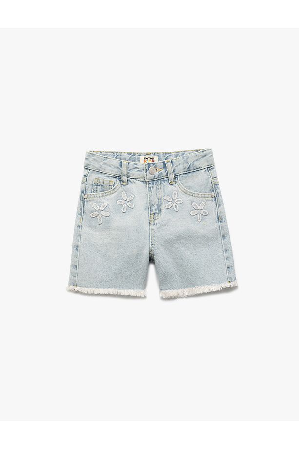 Pamuklu Cep Detaylı Çiçekli Denim Şort - 1