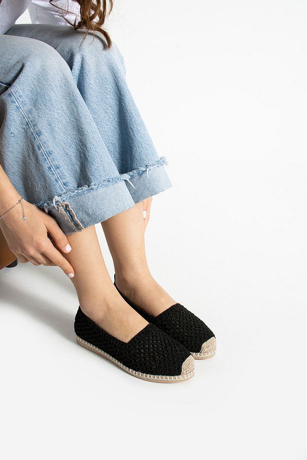 Krebs Kadın Siyah Örgü Espadril Hasır Taban Yazlık Rahat Günlük Ayakkabı Düz Taban Slip On - 5