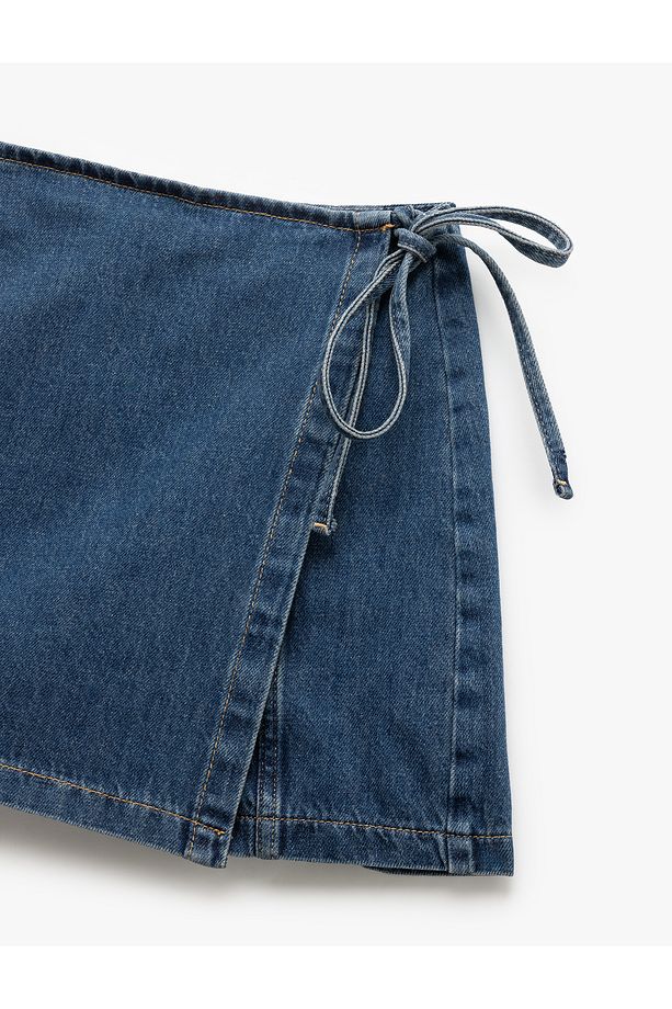 Pamuklu Bağlama Detaylı Mini Denim Şort Etek - 6