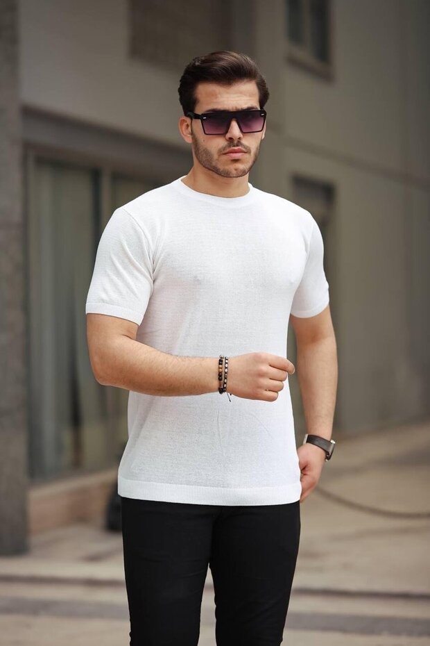 Beyaz Basic Örme Triko Tshirt - 1