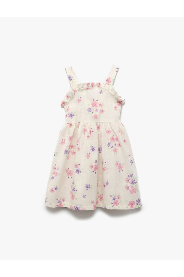 Cotton Square Neck Ruffle Detail Smocked Strappy Floral Dress