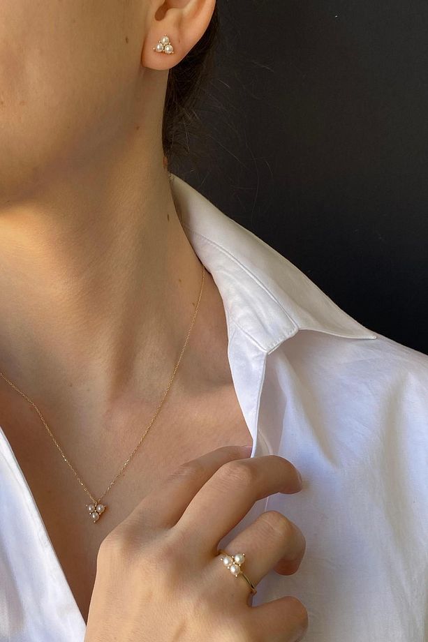 14 Ayar Altın 3 mm Tria Doğal İnci Küpe Kolye Yüzük Üçlü Set - 2