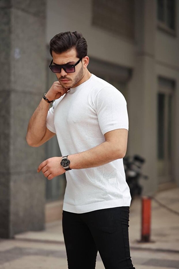 Beyaz Basic Örme Triko Tshirt - 2