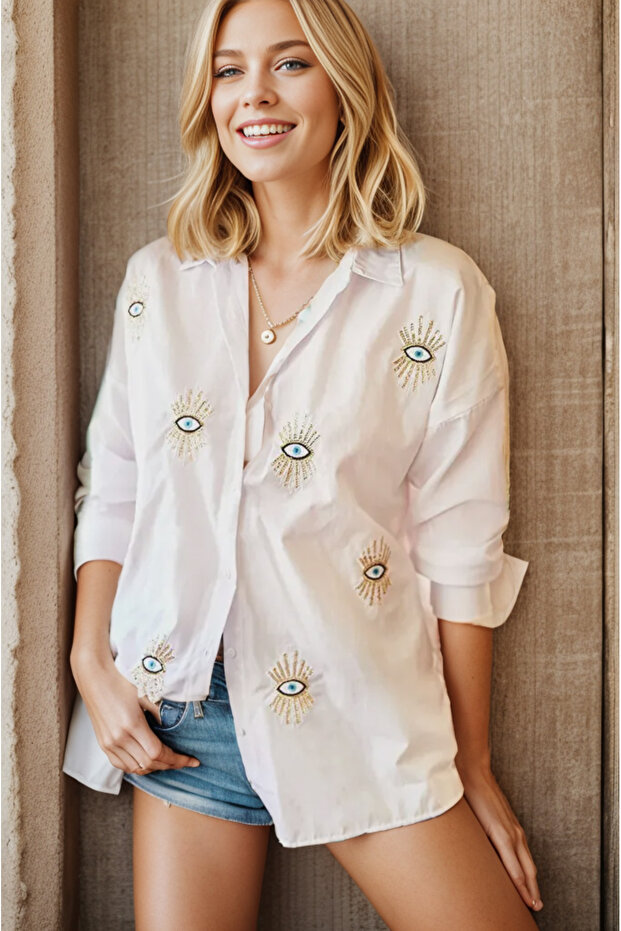 Women's White Eyelet Sequin Embroidered Detailed Woven Boyfriend Shirt Buttoned Cotton