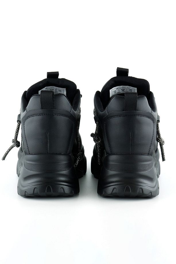 Siyah Yüksek Taban Spor Fileli Taşlı Bağcıklı Platform Sneaker - 3