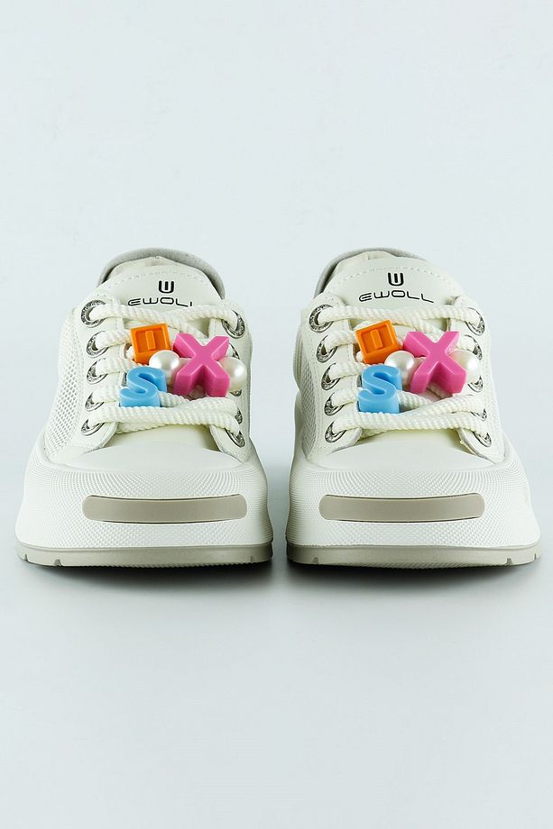Bej Yüksek Taban Spor Fileli Harf Detaylı İncili Bağcıklı Platform Sneaker - 2