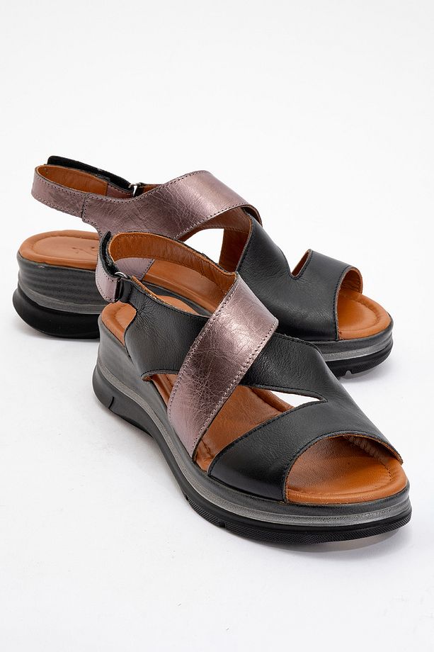 Silviana Kaplama Deri Sandalet Siyah-Bronz - 5