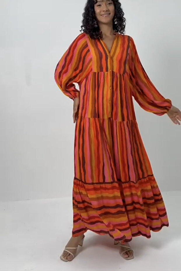 Women's Orange Buttoned Placket Collar Line Patterned Balloon Sleeve Loose Long Dress