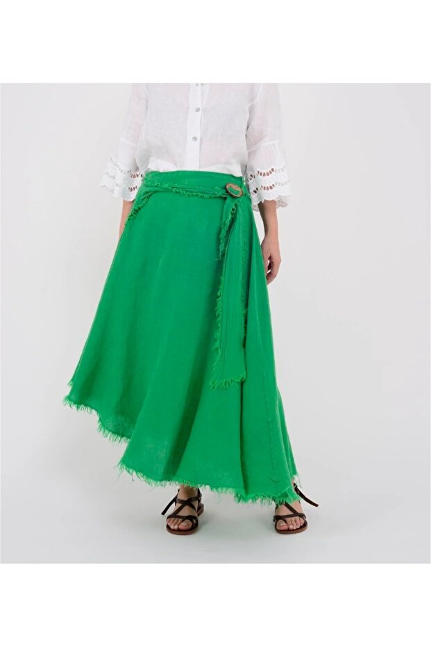 Asymmetric Cut Tassel Detailed Italian Linen Skirt