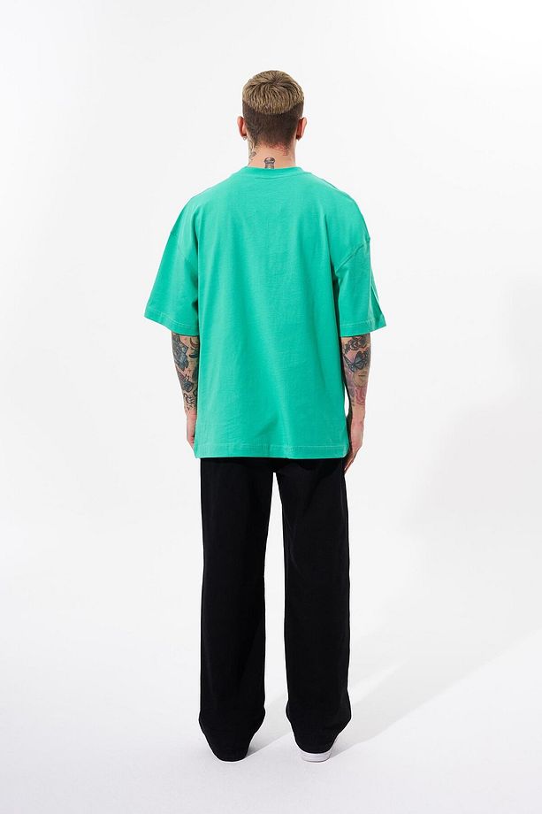 Erkek Solid Basic Pamuklu Oversize Yeşil Tişört - 7