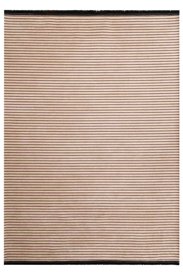 Line Patterned Runner Beige Black Washable Chenille Fringed Non-Slip Base Door Carpet 8380