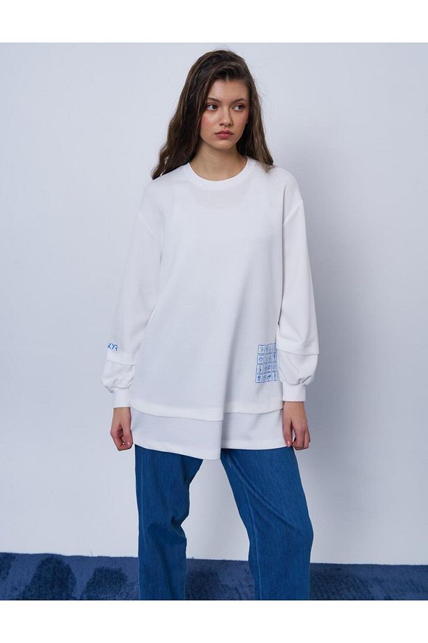 Baskı Detaylı Scuba Sweatshirt Ekru - 3