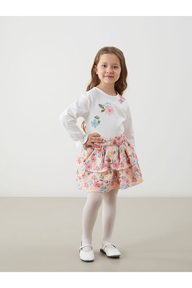 LCW Bisiklet Yaka Çiçekli Kız Çocuk Tişört - 2