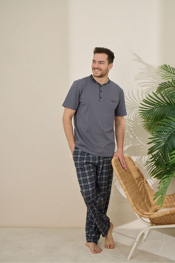 Erkek Antrasit %100 Pamuk Kısa Kollu Ekose Pijama Takımı - 1