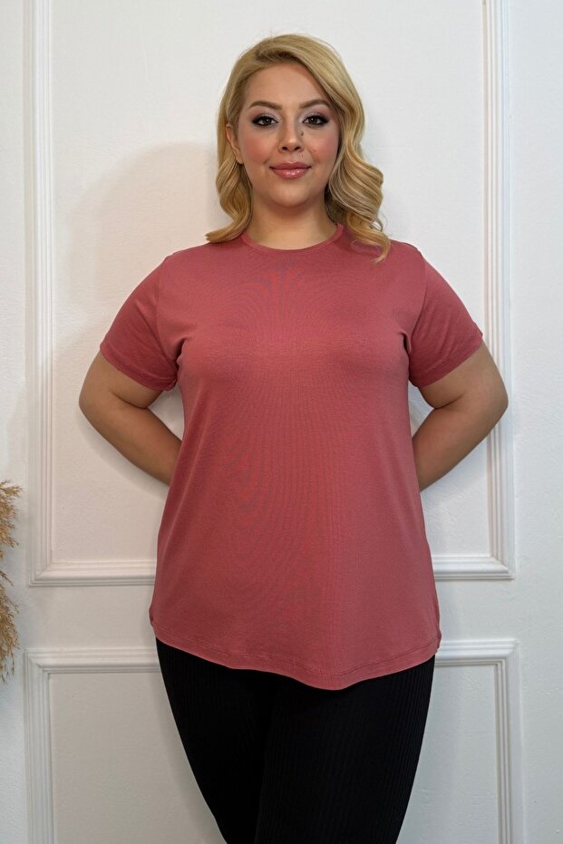 Plus Size New Season Comfort Model Crew Neck Short Sleeve Combed Cotton Tunic T-Shirt