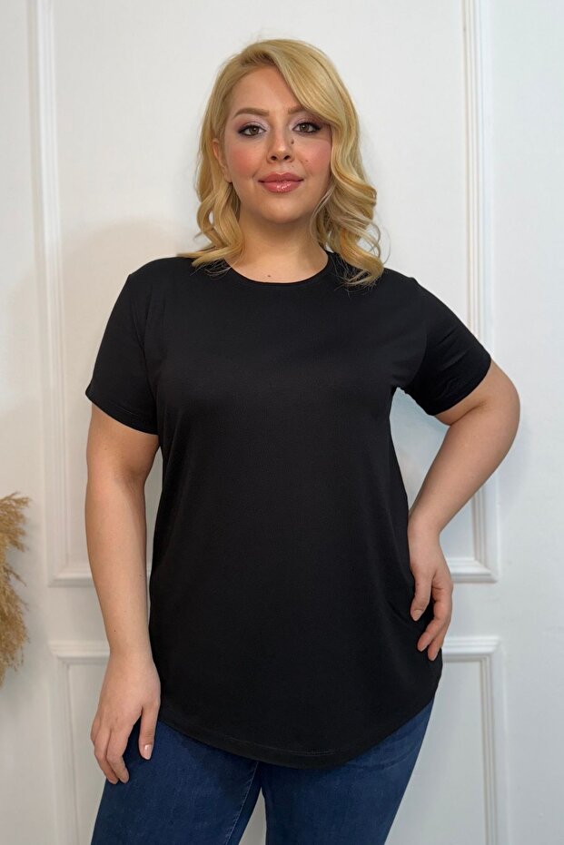 Plus Size New Season Comfort Model Crew Neck Short Sleeve Combed Cotton Tunic T-Shirt