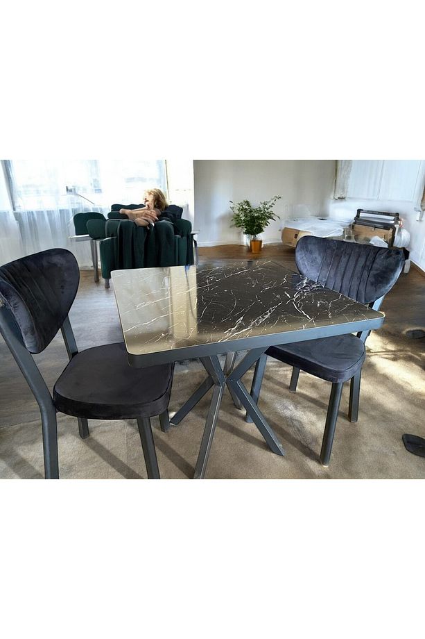80*80 KARE YEMEK MASASI 2 KİŞİLİK MUTFAK MASA TAKIMI ELMA SANDALYE METAL AYAK - 3