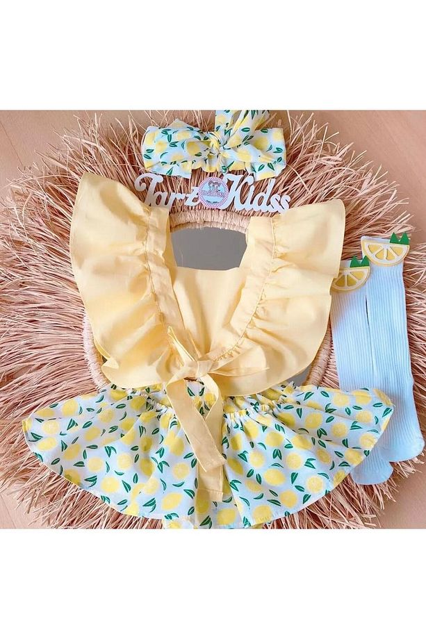 Kız çocuk limon desenli şortlu salopet elbise çorap bandana takımı - 1