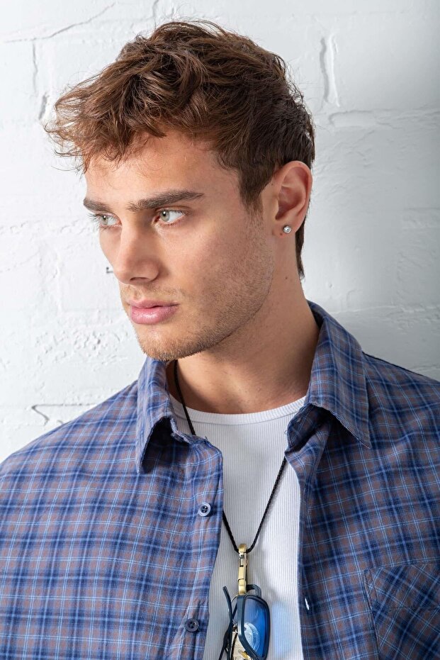 Erkek Oversize Ekose Baskılı Gömlek Mavi - 6