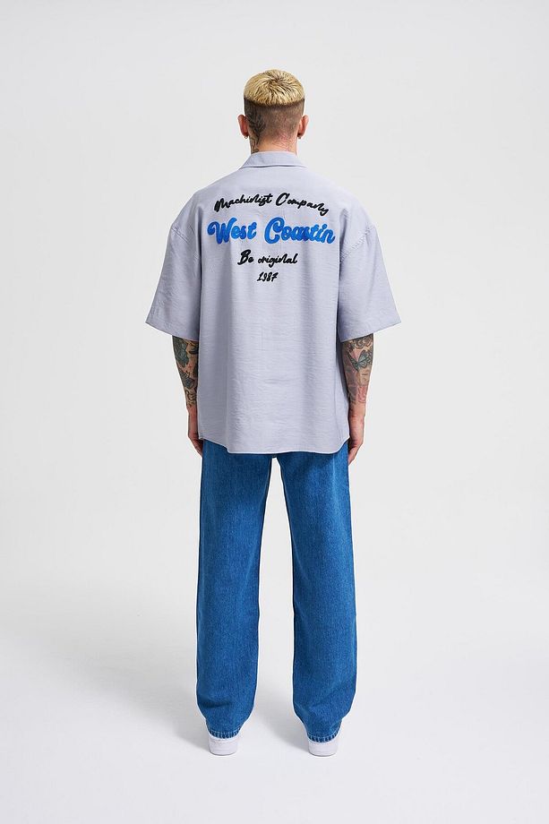 Erkek Nakışlı Basic Oversize Gri Gömlek - 5